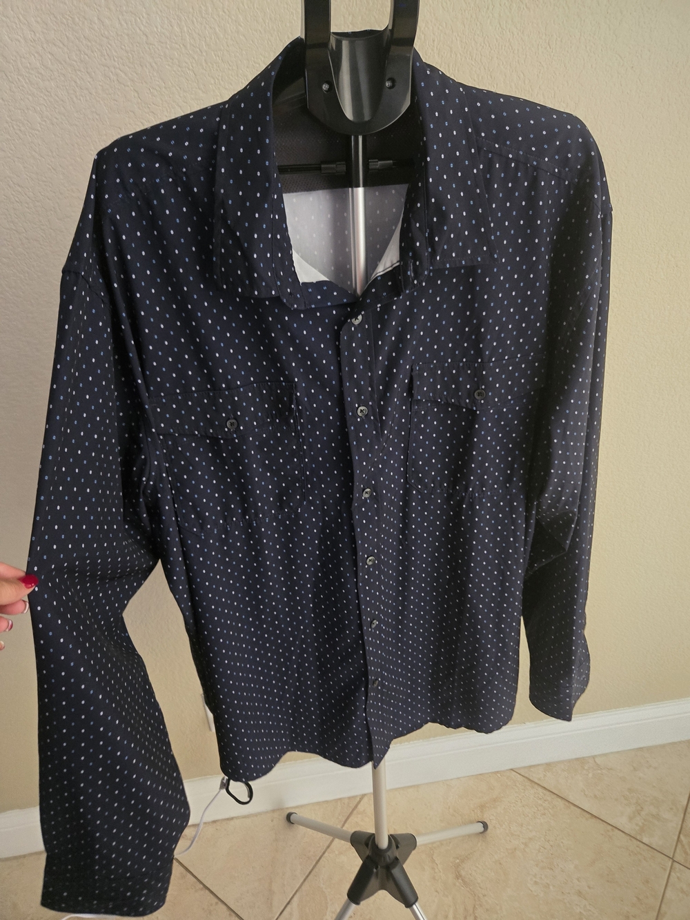 Kenneth Cole Navy Button-Down Shirt with White Dot Pattern